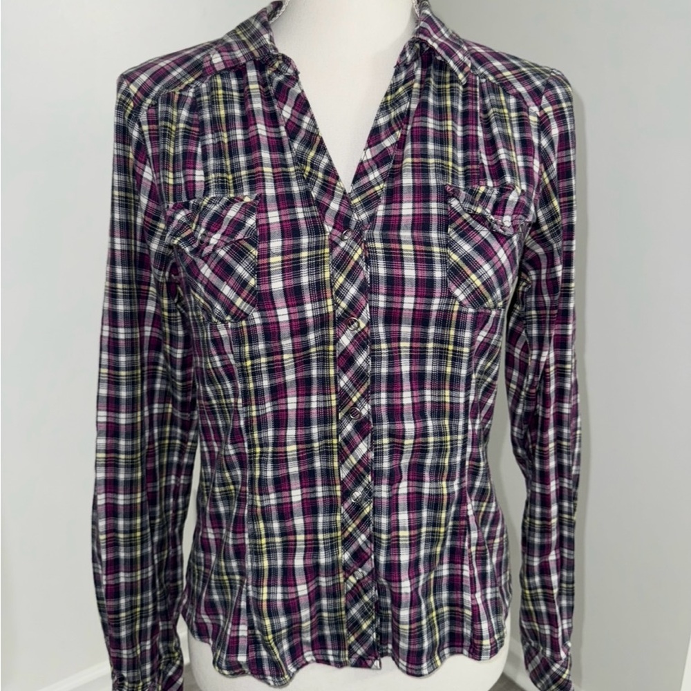 Timing Plaid Button Down Shirt Stretch‎ Long Sleeve Fitted Women’s Medium